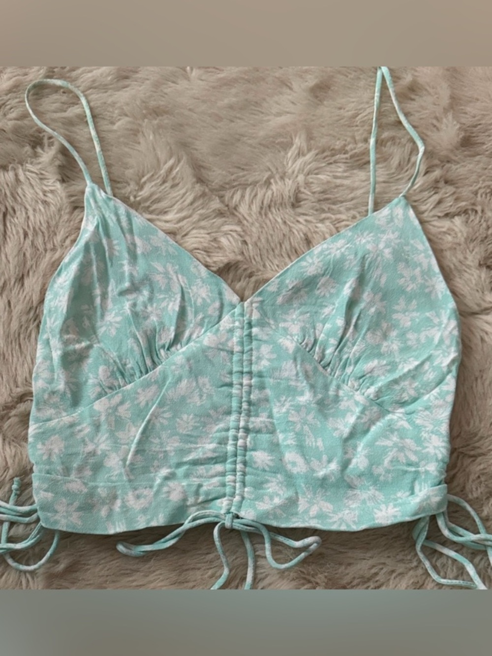 Floral Ruched Spaghetti Strap Crop Top in Light Aqua - Sky To Moon